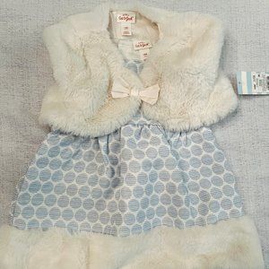 Cat and Jack 18 mon. White & Blue Sleeveless Dress w/ Faux Fur Sleeveless Jacket